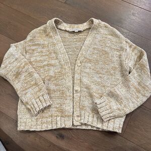 LOFT Petites MP Beige Marled Chunky-Knit Button V-Neck Cardigan Sweater